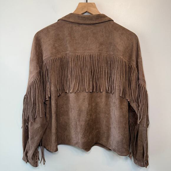 Ces Femme Women's Button Fringe Cropped Shirt Jacket Brown Size Medium NWT - Picture 7 of 7